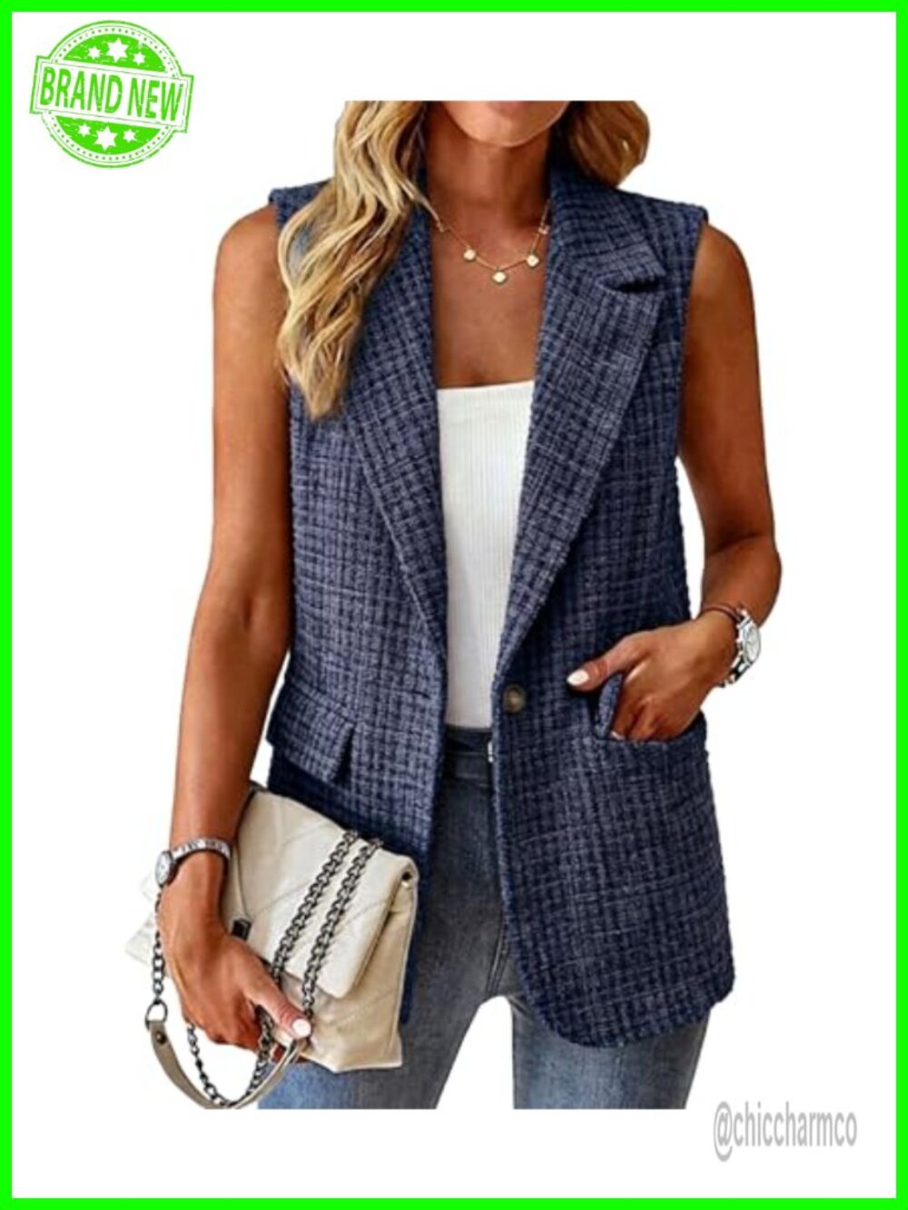 Sleeveless Blazer Vest Women Open Front Business Casual Pockets Work Office